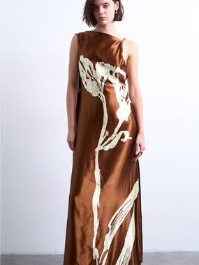 Topshop ruched side midi dress with drape back detail in brown & lime floral
